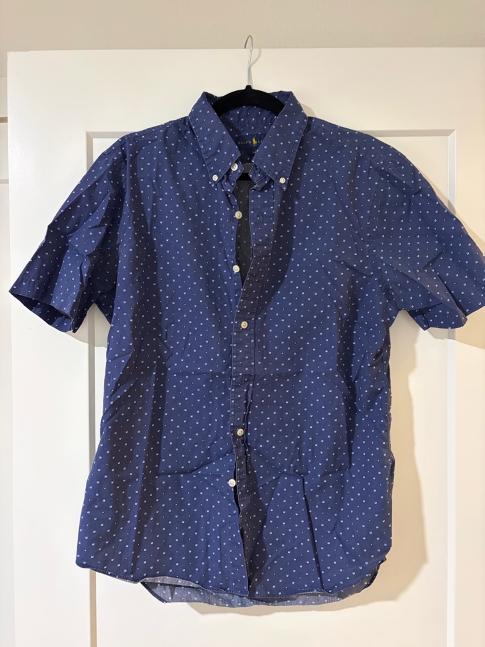 Ralph Lauren Navy Short-Sleeve Button-Down Shirt with White Micro Dots